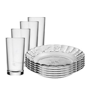 Conjunto Jantar 12 Peças Vidro Transparente Alto Relevo: 6 Pratos e 6 Copos Elegantes