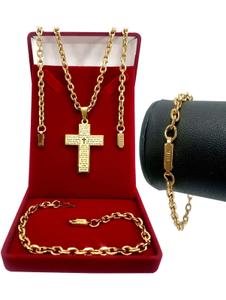 Corrente Masculina Cordão Cadeado+ Pingente Cruz + Pulseira Banhado A Ouro