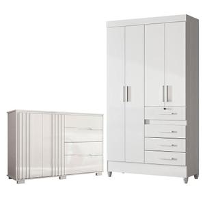 Guarda Roupa Infantil Sobral e Cômoda Texas Branco Brilho  Moval