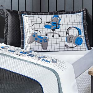 Jogo de Cama Game Streamer Branco/Azul SOLTEIRO 03 Peças - Percal 200 Fios