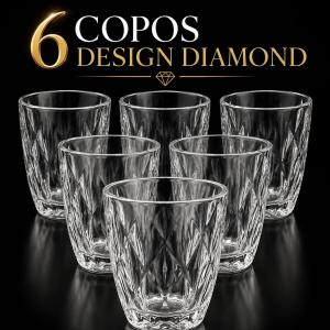 Jogo de Copos Diamante 300ml em Vidro Grosso Transparente  Kit com 6 Unidades