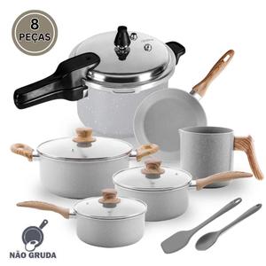 Jogo De Panela Indução Cerâmica E Panela De Presão Ceramic Life Gris Brinox 8 Peças