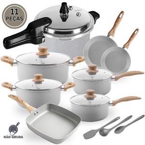 Jogo De Panela Indução Cerâmica E Panela De Pressão Ceramic Life Gris Brinox 11 Peças