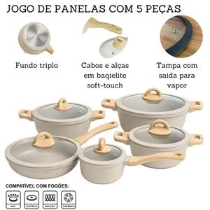 Jogo De Panelas 5 Peças Antiaderente Indução Gás Conjunto Revestido Cerâmica Granito Caçarola - BEGE