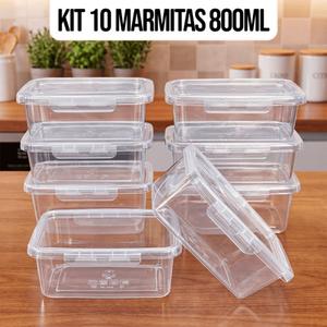 Kit 10 Marmitas Potes 800ml Travas Laterais Hermeticas Livres de BPA Alimentos Microondas Organiza Congelador