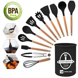 Kit 12 Utensílios de Cozinha Silicone Conjunto Cabo de Madeira Copo Suporte