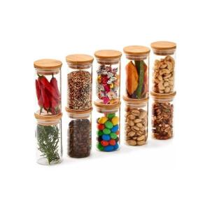 Kit 6 Porta Tempero Mantimento Tampa Bambu Redondo em Vidro Borossilicato 160ml