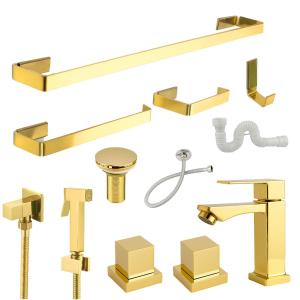 Kit Acessórios Banheiro Dourado Gold Banhado + Ducha + Acabamento Deca + Válvula e Kit Instalação