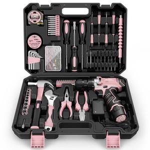 Kit de ferramentas Sundpey 206 unidades com furadeira elétrica sem fio de 12 V rosa