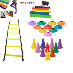 Kit Funcional Treino Agilidade 10 Cones 10 Chapéu Chinês Escada 7 Degraus + 01 Kit 5 Faixas Mini Bands