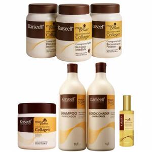 Kit Karseell Premium 7 Itens  Trio Cronograma Profissional + Shampoo 1L, Cond. 1L, Máscara 500g e R