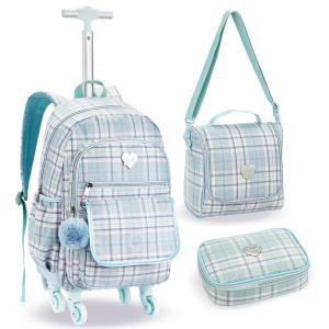 Kit Mochila Escolar Grande Juvenil 4 rodas 360 com estojo Box e Lancheira Térmica Haste Telescópica e Alças Costas