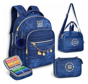 Kit Mochila Estojo Lancheira Rebeca Bombom Jeans Rb Premium Azul Jeans