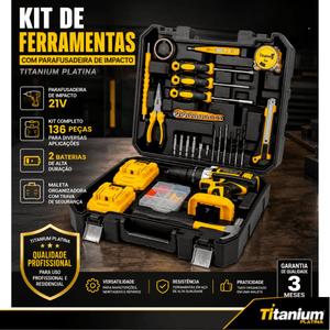 Parafusadeira de Impacto 21V Titanium Platina com 136 Peças 2 Baterias e Maleta Completa