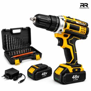 Parafusadeira Furadeira De Impacto 48V Sem Fio Com 2 Baterias Recarregáveis Maleta Kit Profissional Brushless