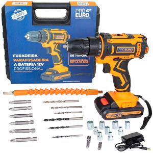 Parafusadeira Furadeira Sem Fio 12V Mandril Rápido 10mm com Carregador Bivolt Pró Euro