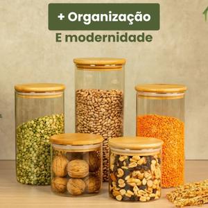 Pote de Vidro Hermético Transparente Kit 5 Potes Tampa Bambu