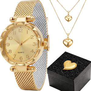 Relogio Feminino Banhado Aço + Colar Duplo Coração original strass ouro folheado 18k qualidade premium social casual