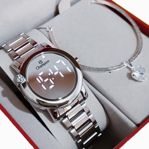 Relógio Feminino Champion Original Digital Prata Espelhado Led Branco Coração 064Q