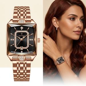 Relógio Feminino Poedagar Quadrado Luxo Aço Inox Banhada Ouro Rosa Fundo Preto Bracelete