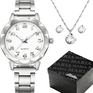 Relogio Feminino Prata Aço Inox + Colar + Brincos analogico ponteiro prata presente social qualidade premium casual