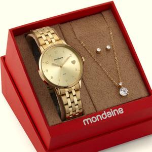 Relógio Mondaine Feminino Grande Dourado À Prova DÁgua com NF Colar E Brincos 597D 99907LPMKDE1K1