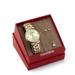 Relógio Mondaine Feminino Grande Original Dourado Prova DÁgua com Colar Brincoa 600D 99910LPMKDE1K1