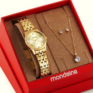 Relógio Mondaine Feminino Original Dourado À Prova DÁgua com NF Colar E Brincos 607D 99912LPMKDE1K1