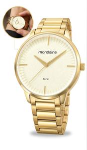 Relógio Mondaine Feminino Analógico Dourado Creme De Pulso Sofisticado Pulseira Aço Inoxidável Prova Dágua 50 Metros Original
