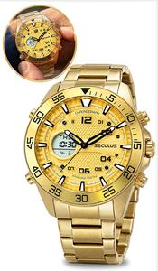 Relógio Seculus Masculino Anadigi Quartz Cronógrafo Esportivo Casual Analógico Digital Dourado Em Aço Inoxidável A Prova Dágua Em 100 Metros Original