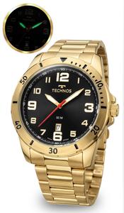 Relógio Technos Masculino Analógico De Pulso Dourado Casual Quartz Em Aço Inoxidável Brilha No Escuro Calendário Prova D água 50 Metros Original