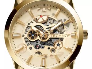 Relógio Technos Masculino Automático 8205nq/4x Esqueleto Off Correia Dourado Bisel Dourado Fundo Dourado