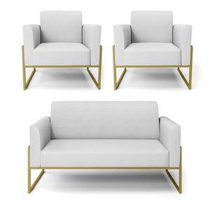 Sofá Namoradeira Com 2 Poltronas Base Industrial Alta Dourado Marisa Linho D03 - D'rossi Cor A05 Cinza