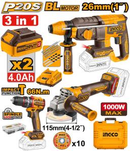 Super Combo 3 em 1 Ingco Bateria 20v COSLI241198-9 Furadeira + Martelete + Lixadeira