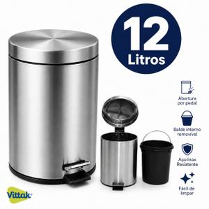 Vittak Lixeira 12L Aço Inox Redonda com Balde para Banheiro, Cozinha e Escritório