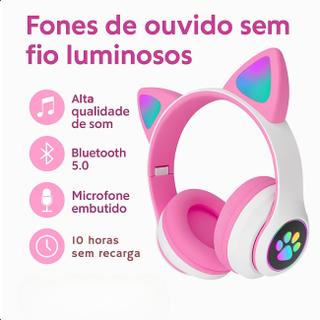 Fone Gatinho Bluetooth Infantil Luz LED Colorida Rosa Original - FACILITA