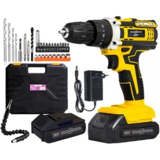 Furadeira Parafusadeira Impacto 21V Kit 2 Baterias Maleta 32 Acessórios LED Amarela