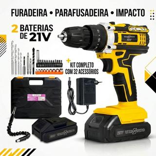 Furadeira Parafusadeira Impacto 21V Sem Fio 2 Baterias Kit 32 Acessórios Maleta LED Bivolt Premium.