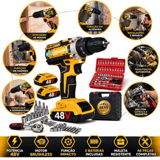 Kit 75 Peças Parafusadeira Furadeira De Impacto 48V 120 N.M. Jogo Catraca Reversível Profissional 2 Baterias Chaves De Soquetes Fenda Philips Allen