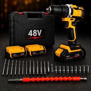 Parafusadeira Furadeira Sem Fio 48V com 2 Baterias, Kit 24 Peças, Carregador Bivolt e Maleta