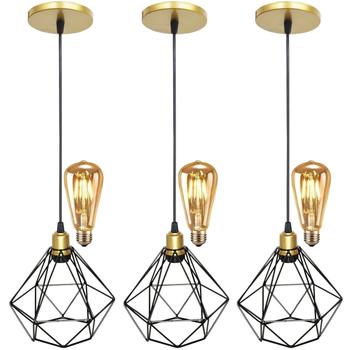 Imagem de 3 Pendentes Aramado Diamante Luminária Lustre Retrô Balcão Preto Dourado + 3 Lâmpadas Led ST64 Teto