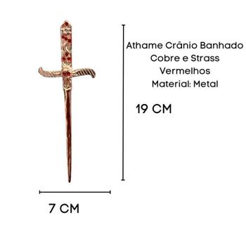 Imagem de Athame Crânio Em Metal Cobre Brilhante 19 Cm Pedra Vermelha