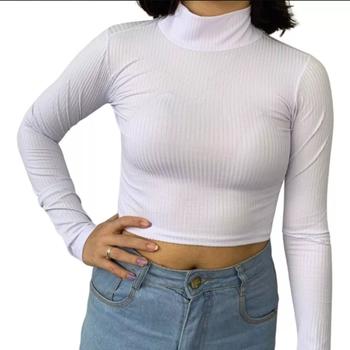 Imagem de Blusa cropped feminino canelado manga longa gola alta moda gringa