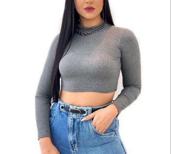 Imagem de Blusa cropped feminino manga longa gola alta canelada moda blogueira