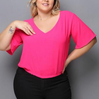 Imagem de Blusa Cropped feminino plus size gola v manga curta fluida moda