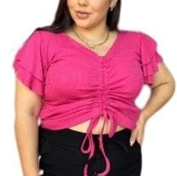 Imagem de Blusa cropped plus size feminino manga dois babados decote v regulagem frontal