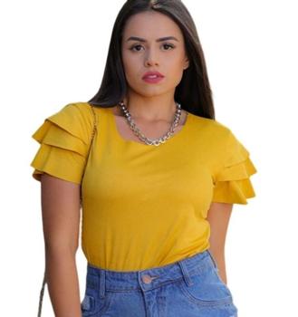 Imagem de Blusa suede fashion macia feminina gola rasa manga três babados