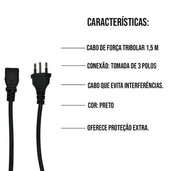 Imagem de Cabo De Força Tripolar Para Fontes Cpu E Tvs 1.50 Metros 10A Tomada De 3 Polos 2 Conexões 