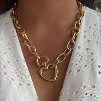 Imagem de Colar Corrente Elos grosso Mosquetão Coração / Choker Elo grande folheado ouro 18k Moda