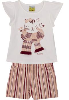 Imagem de Conjunto Infantil Blusa e Shorts JACA-LELÉ  Gatinha Listra offwhite